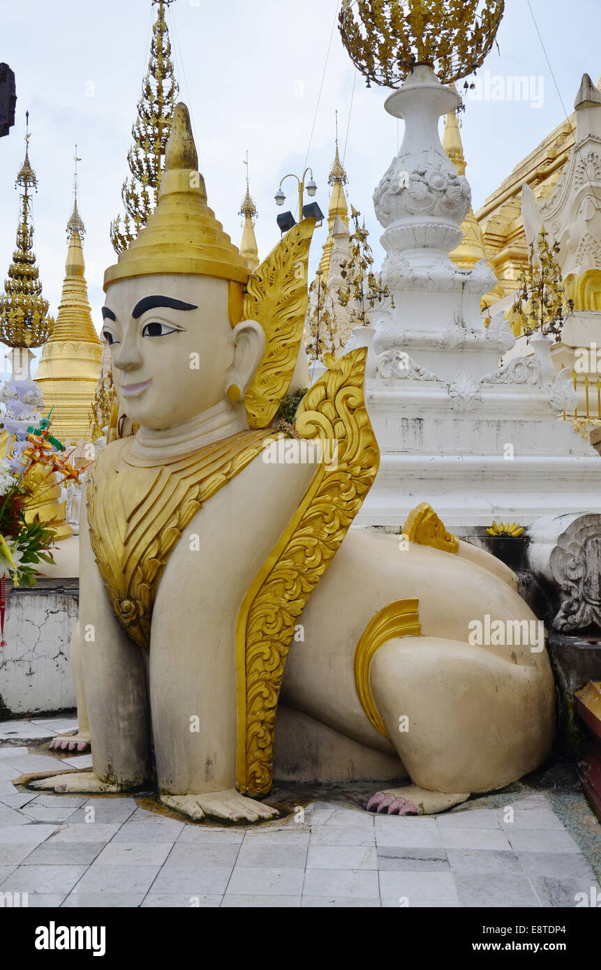 Singha Creatures of Myth and Legend of Shwedagon Pagoda or Great Dagon Pagoda located in Yangon, Burma. Stock Photo