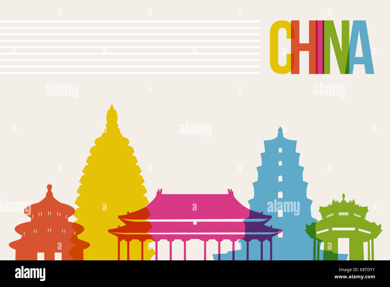 Travel China famous landmarks skyline multicolored design background. Transparency vector organized in layers for easy create yo Stock Photo
