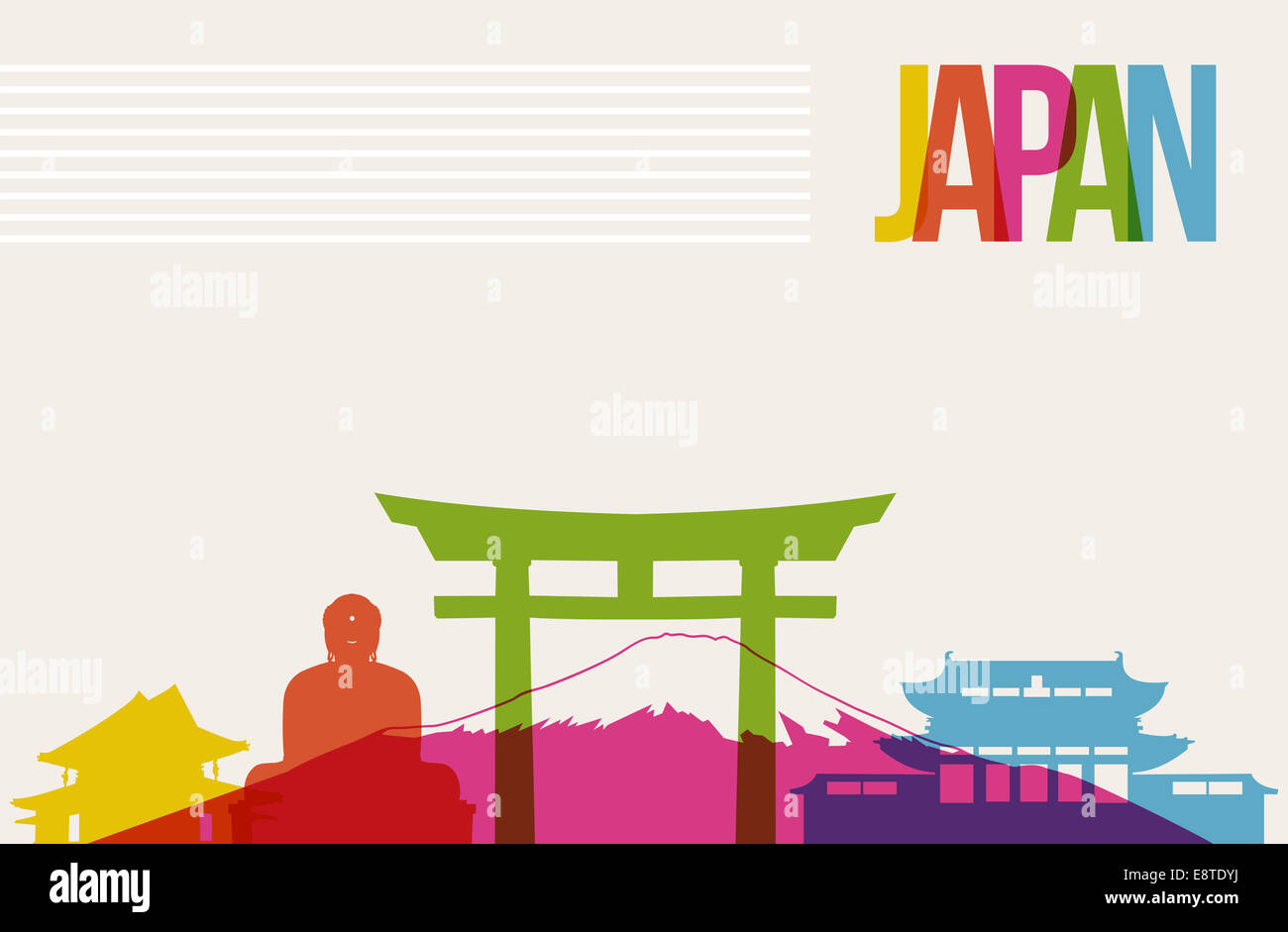 Travel Japan famous landmarks skyline multicolored design background