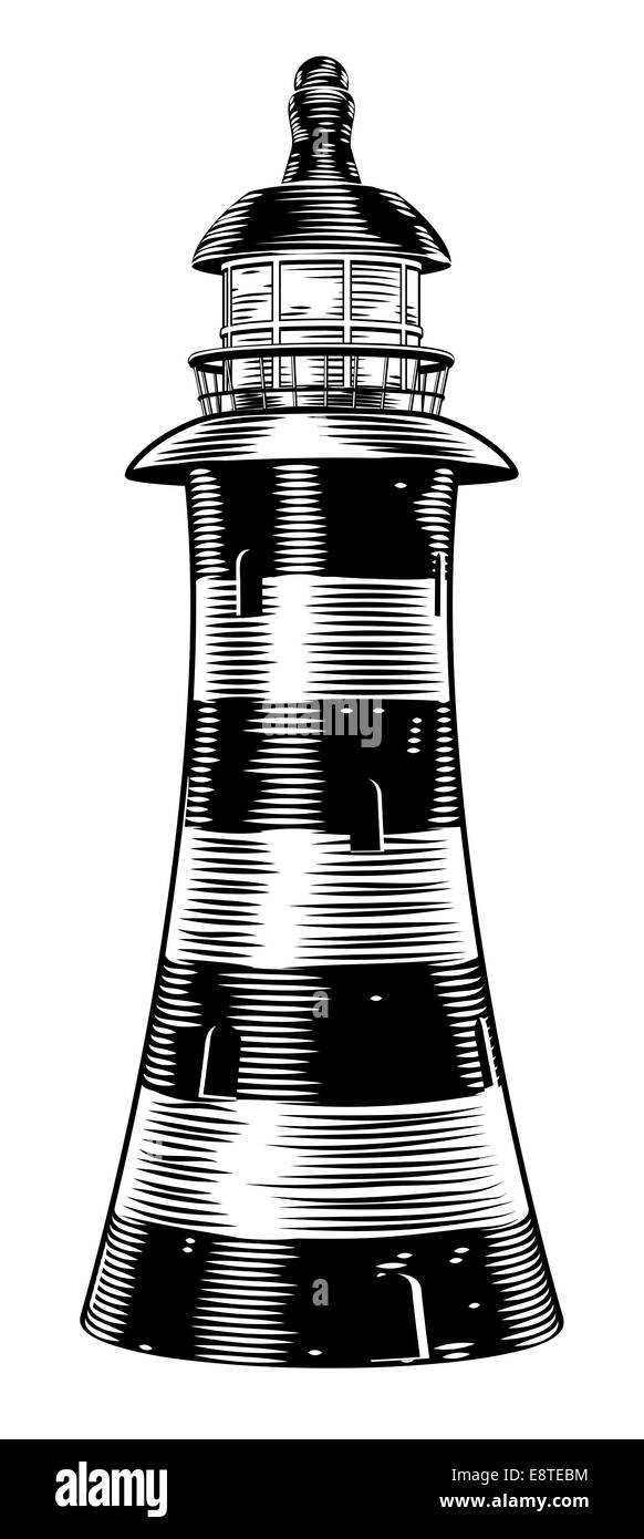 An illustration of a black and white vintage style lighthouse Stock Photo