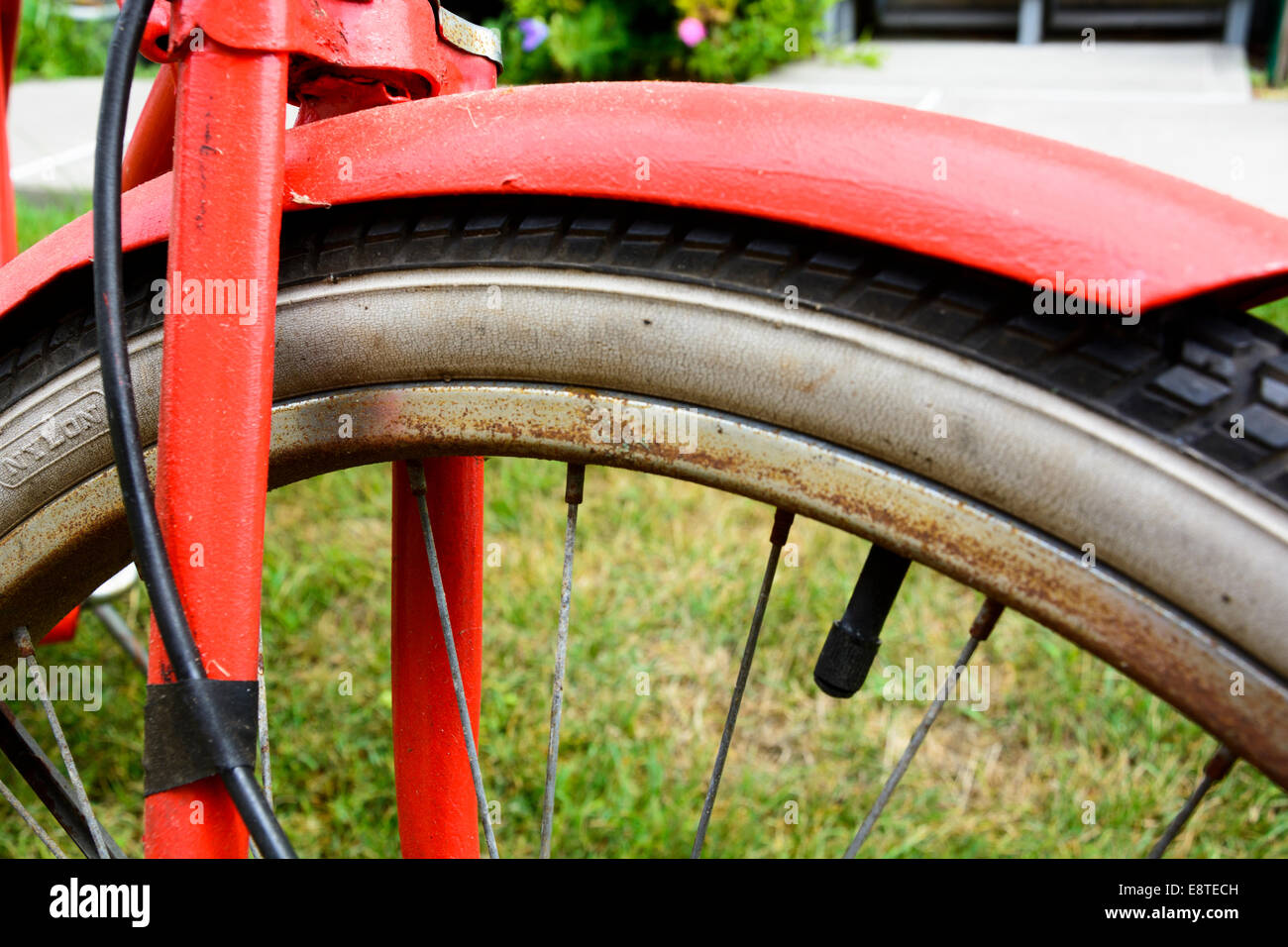 Close up of a classic single speed bicycle wheel and tire Stock Photo