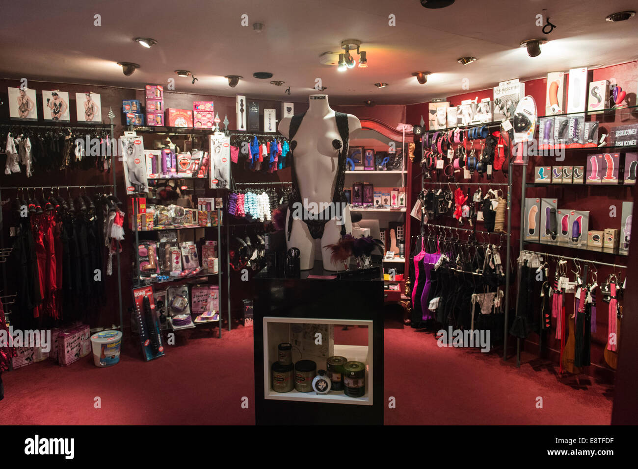 inside of a classy womens friendly sex shop, selling sex toys, lingerie,  outfits, clothes, lubes, on the shelves & shop displays Stock Photo - Alamy