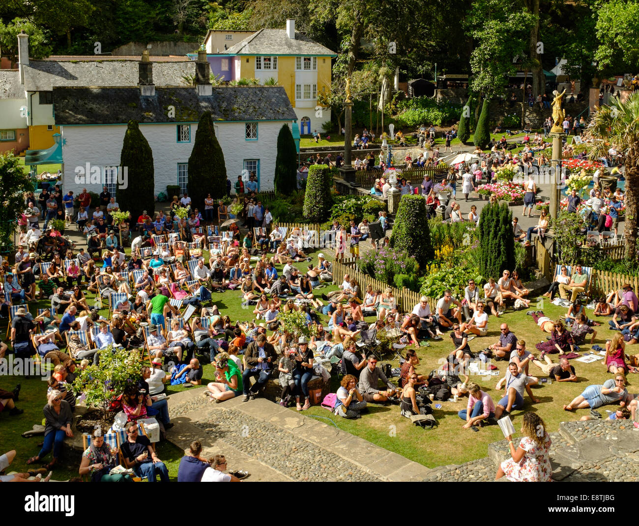 Crowd gathered waiting for a performance, during Festival No.6, on 7TH September 2014, Portmeirion, North Wales, UK Stock Photo