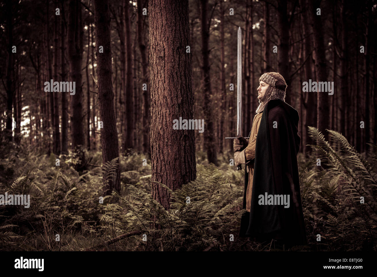 Deep in a forest a Warrior stands ready. Stock Photo