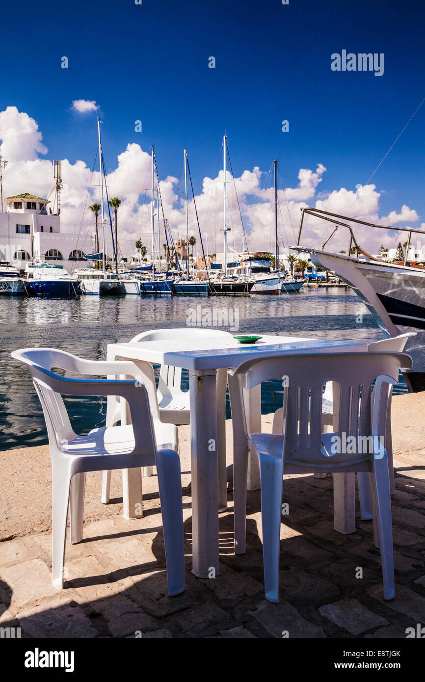 A harbourside cafe at the marina in Port el Kantoui in Tunisia. Stock Photo