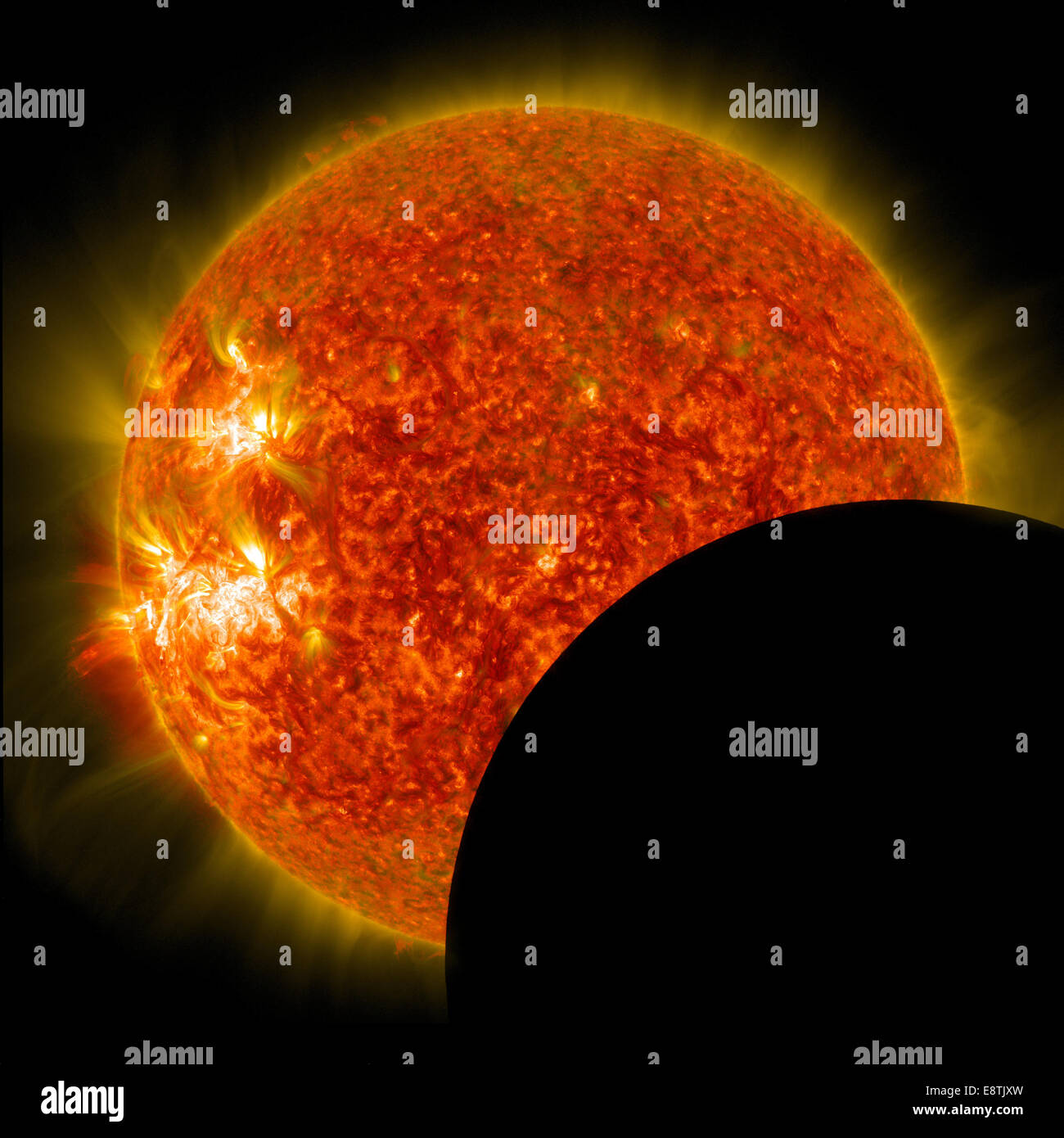 SDO Lunar Transit, Prominence Eruption, and M-Class Flare Stock Photo