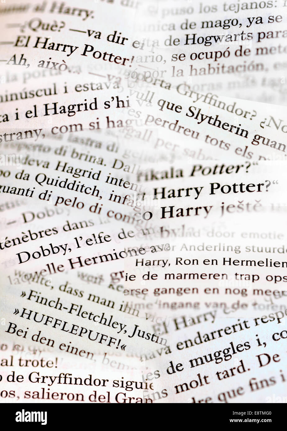 Detail from pages of foreign Harry Potter books - Czech, Catalan, German,  French, Italian, Spanish and Dutch Stock Photo - Alamy