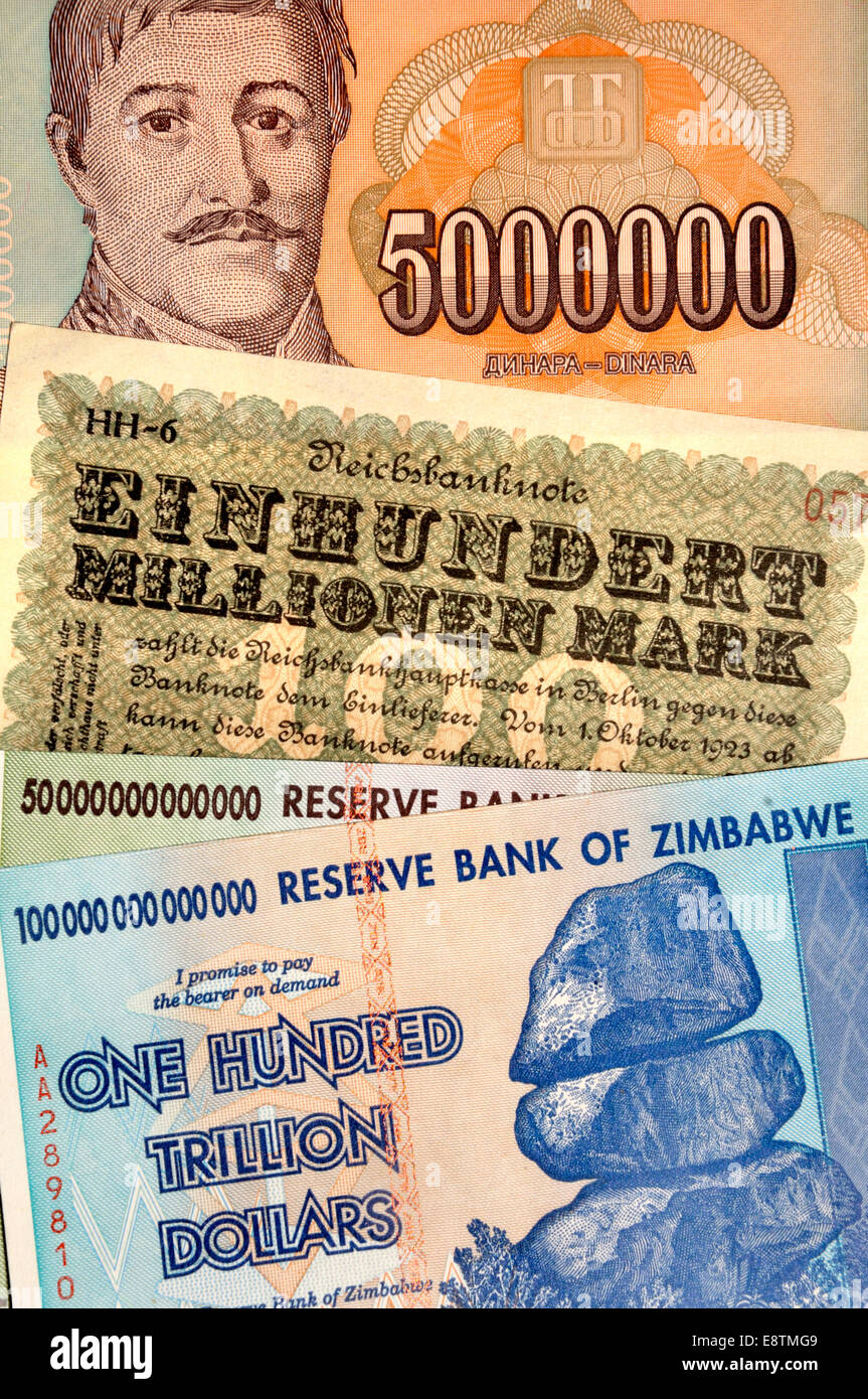 Hyperinflationary banknotes from Yugoslavia (1993) Germany (1923) and Zimbabwe (2008) Stock Photo