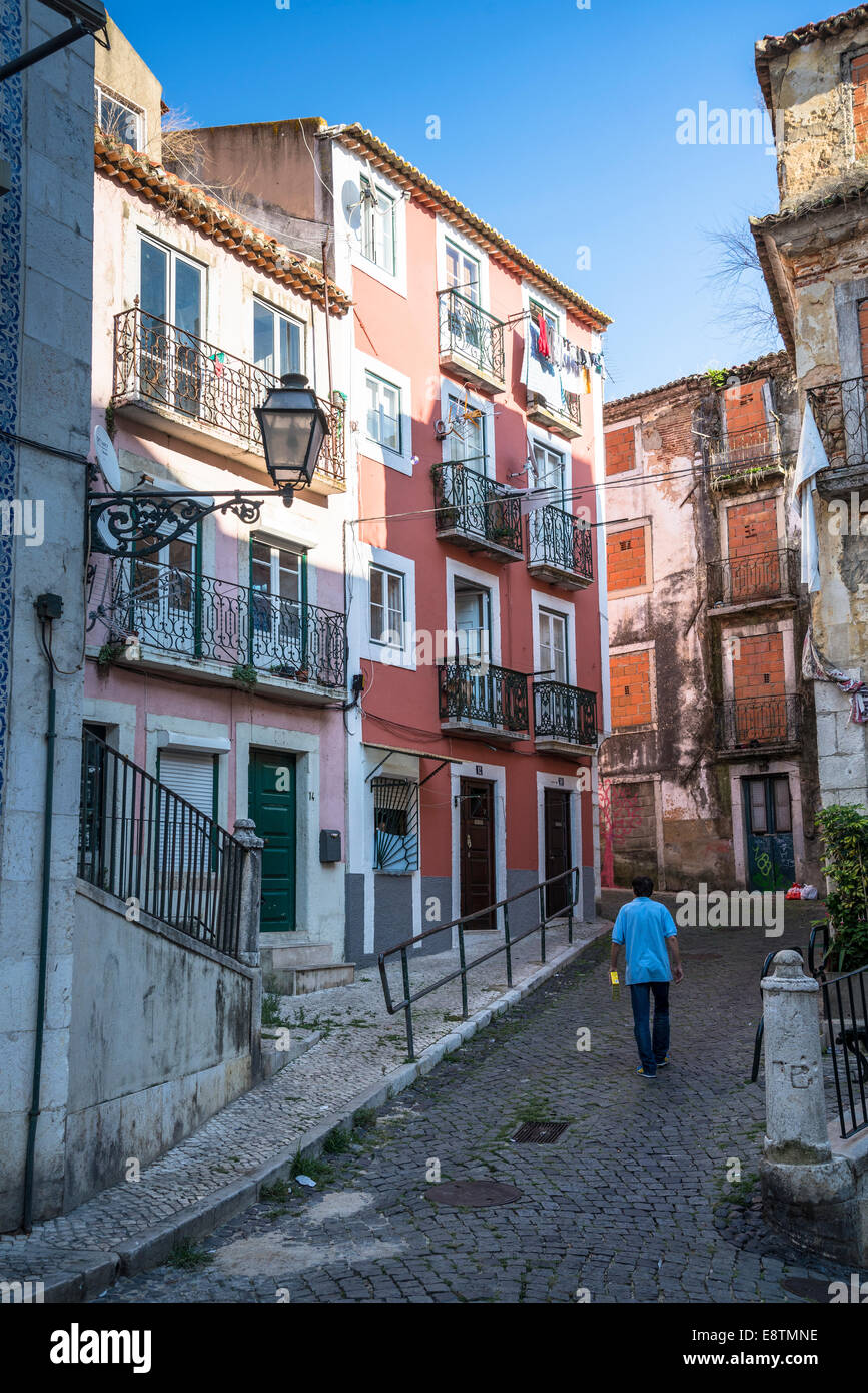 Typical old houses with balconies, Alfama, Lisbon, Portugal Stock Photo