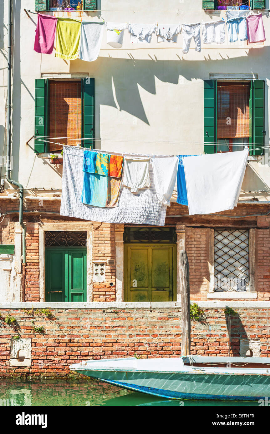Scenery of hanging clothes on a line in Venice, Italy. Stock Photo