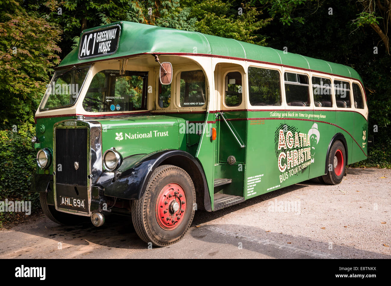 Old Leyland coach used to convey visitors to and from Agatha Christie's Greenway House in Devon Stock Photo