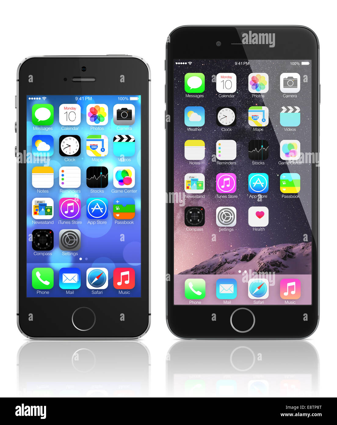 Apple Space Gray iPhone 6 and iPhone 5s showing the home screen with iOS 8 and ios 7. Stock Photo