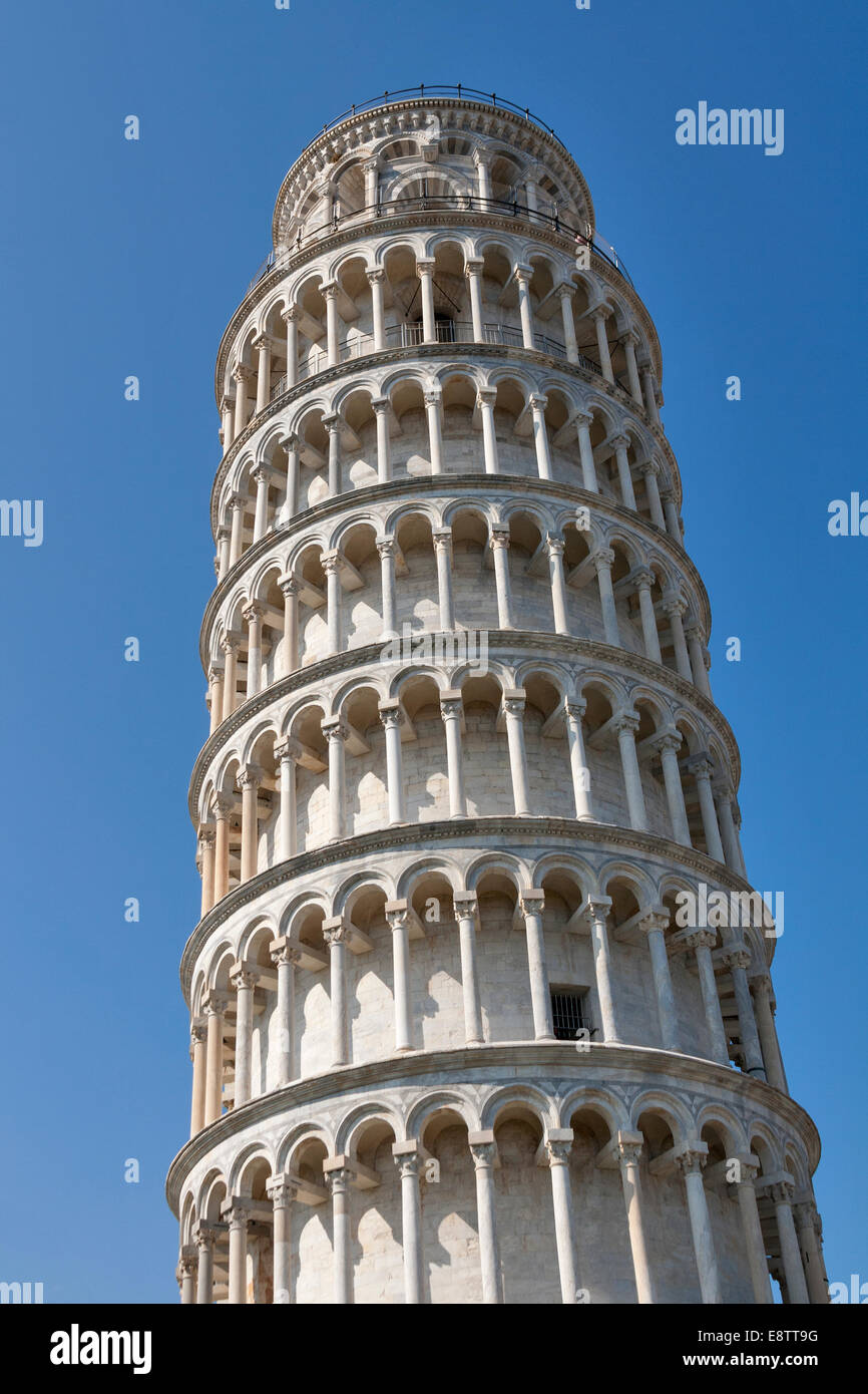 Leaning Tower of Pisa against blue sky in the Campo Dei Miracoli, Pisa, Italy Stock Photo