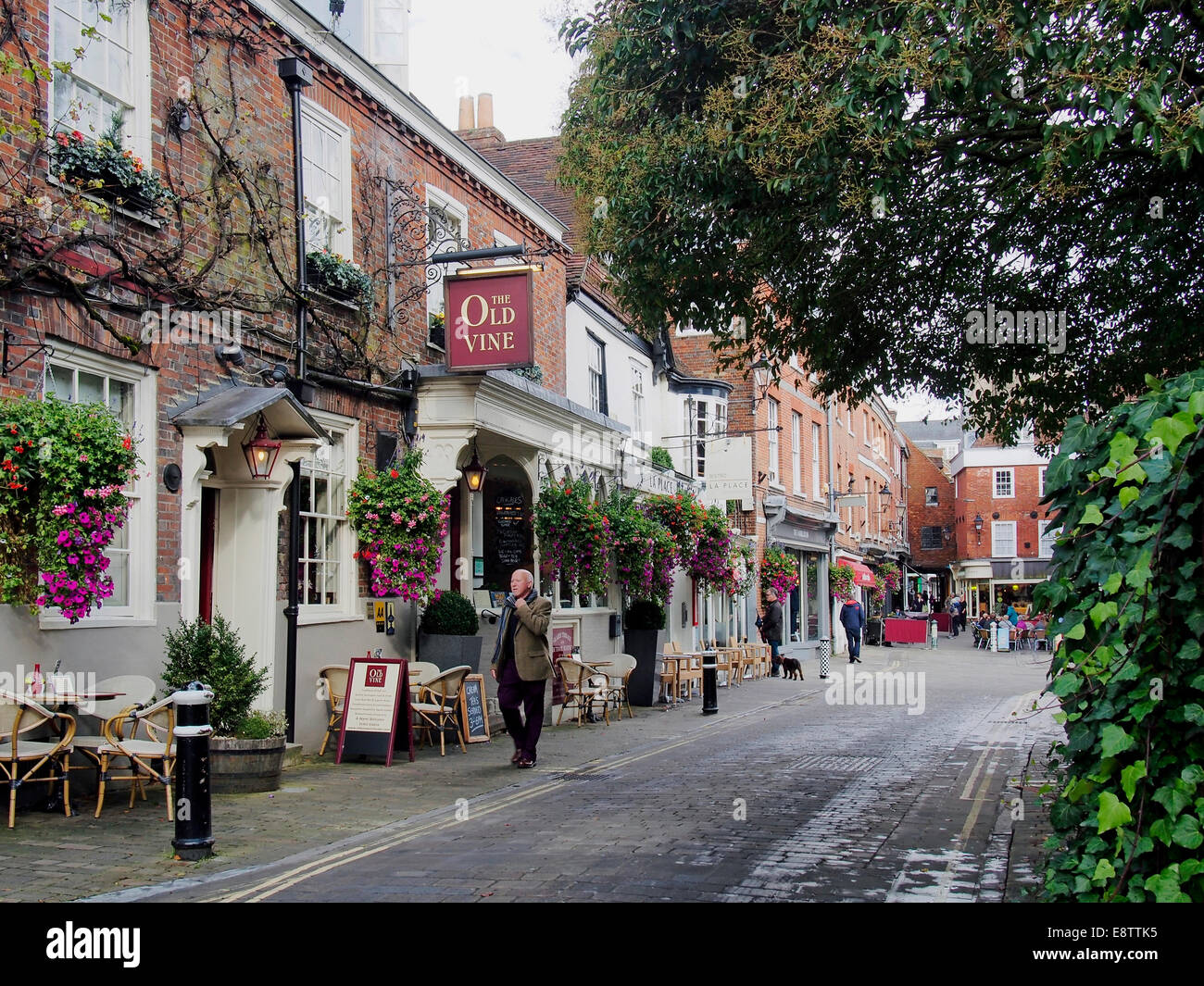 Outside view of the Old Vine pub and restaurant in Great Minster Street, Winchester in mid