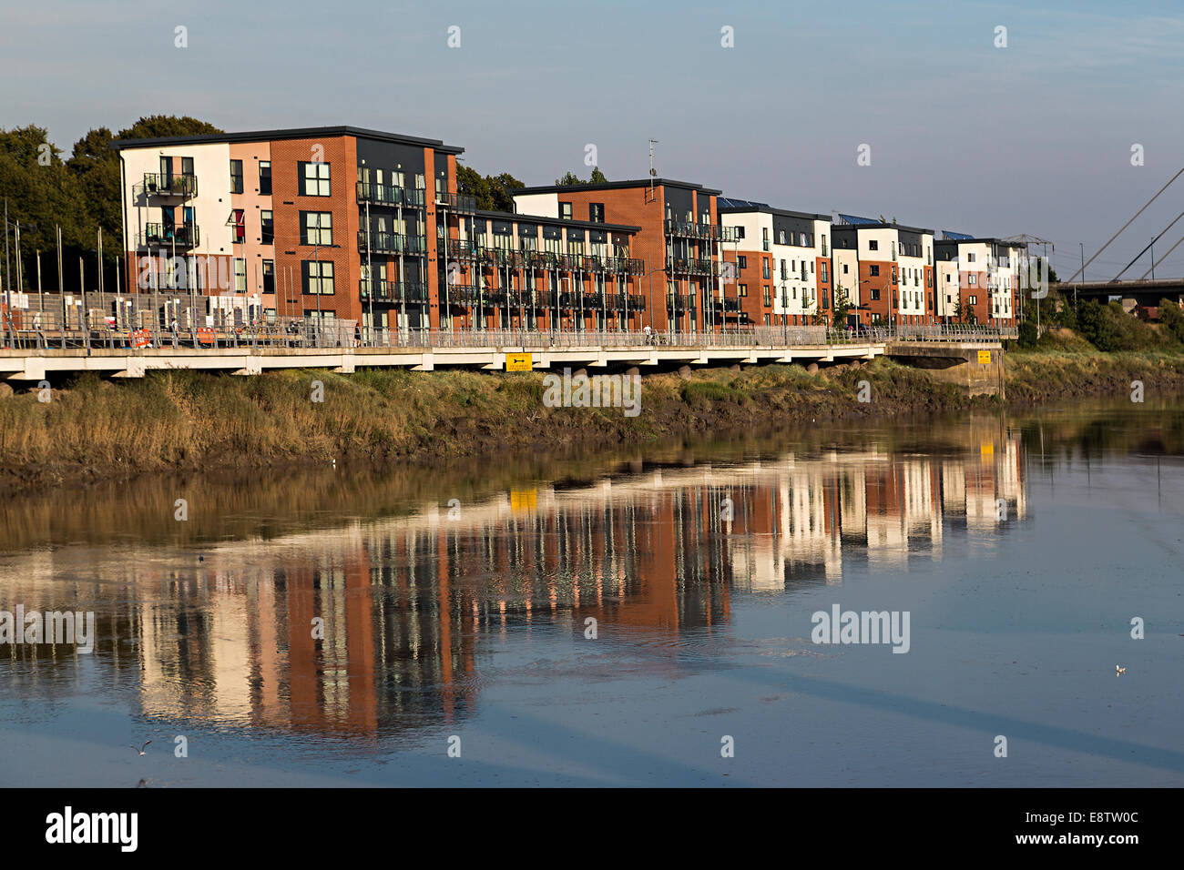 New build apartments and flats on the River Usk, Newport, Wales, UK Stock Photo