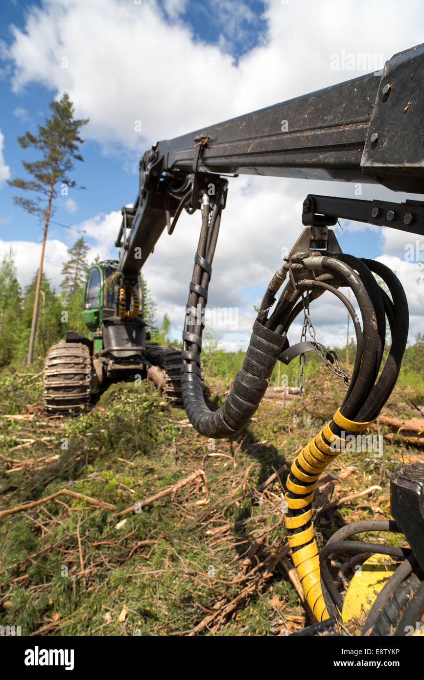 John Deere 1170E forest harvester flexible rubber hydraulics hoses going to cutting head and boom , Finland Stock Photo