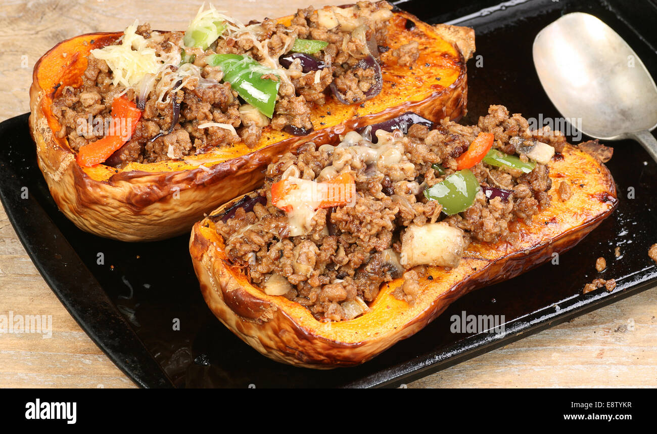 roast butternut squash, with peppers onion and vegetarian mince Stock
