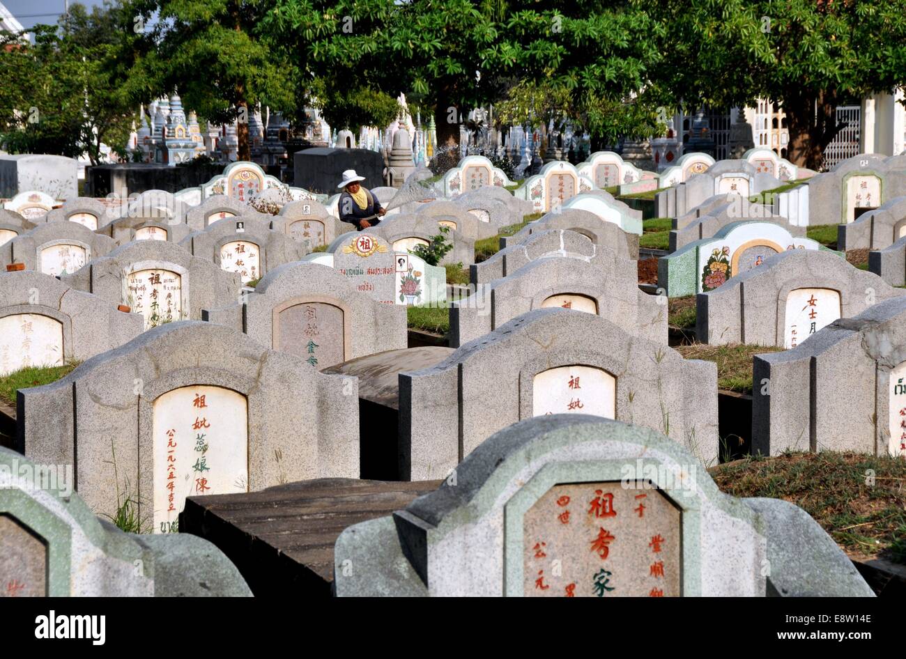 KANCHANABURI, THAILAND:  Row upon row of Chinese gravestones at the Kachanaburi Chinese Cemetery Stock Photo