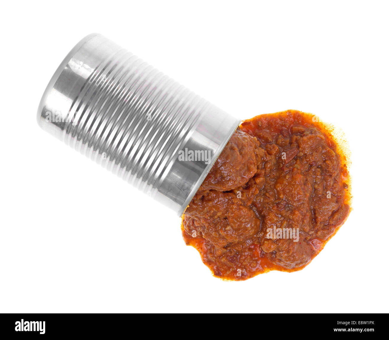 Top view of an opened can of hot dog chili spilling onto a white background. Stock Photo