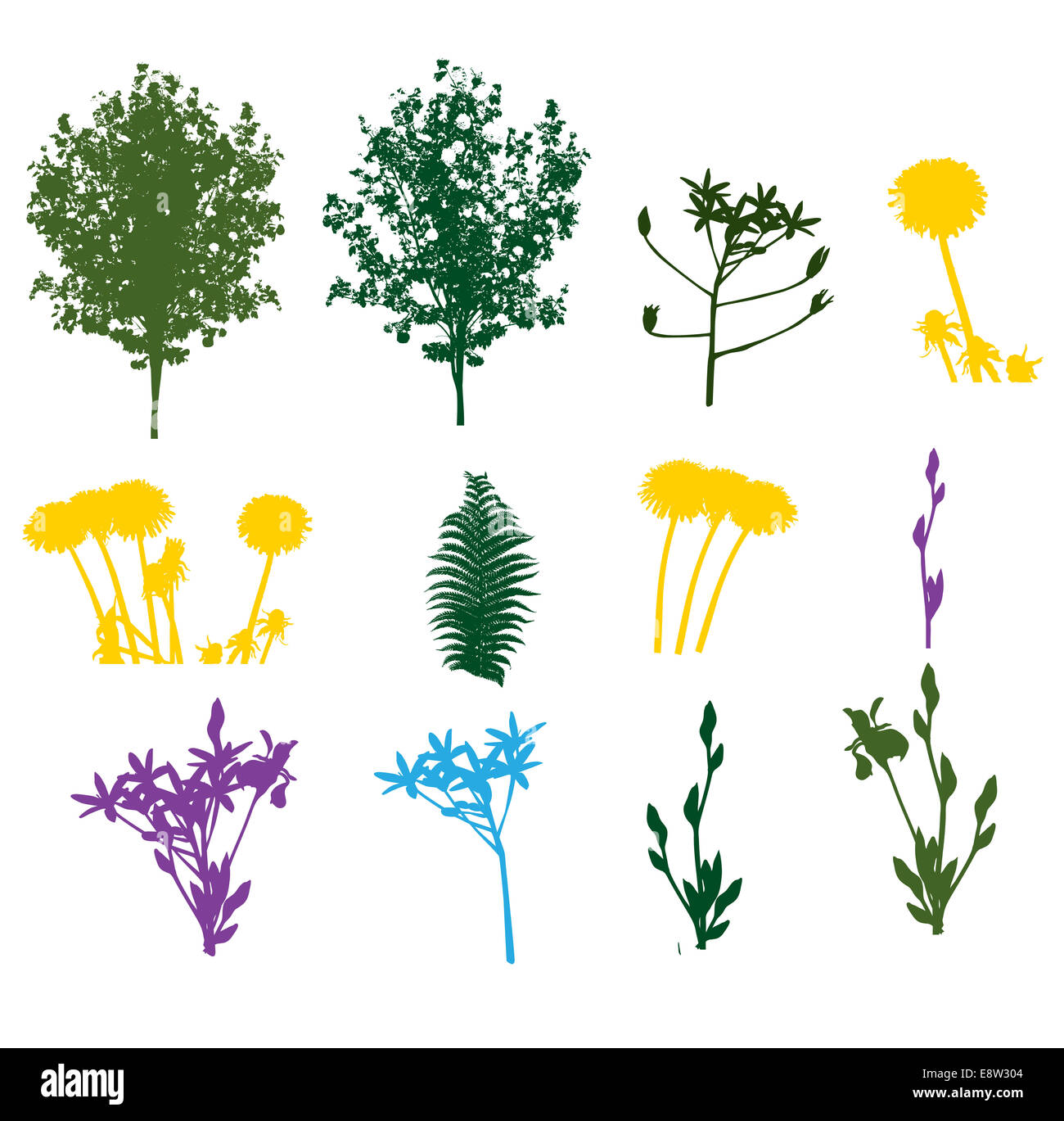Set of Plant, Tree, Foliage Elements Silhouette Vector Illustration Stock Photo