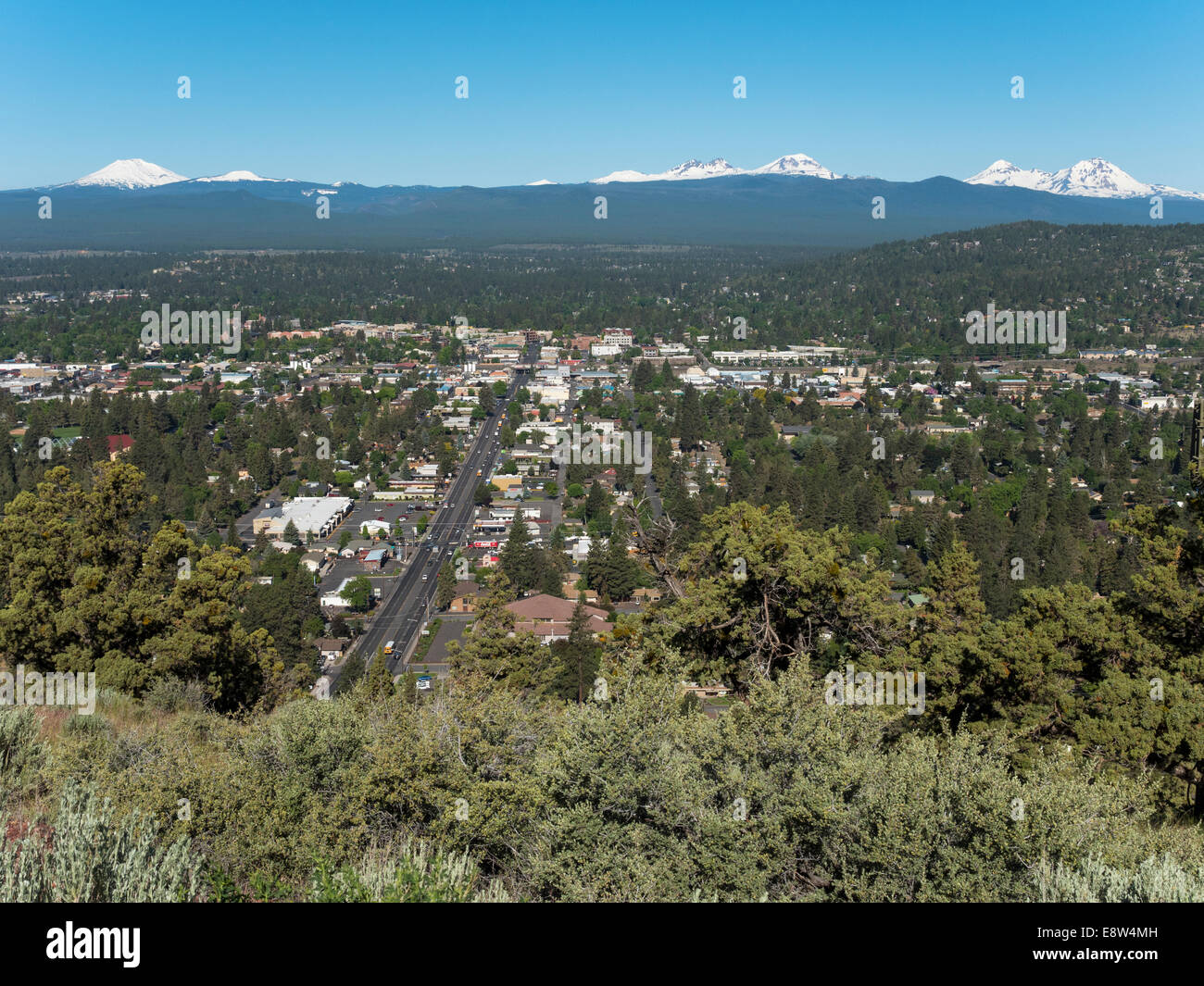 Bend, Oregon, with snowcapped Cascade mountain peaks in the background