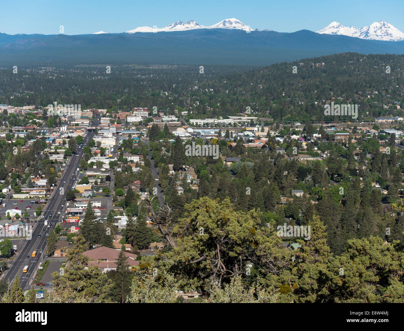 Bend, Oregon, with snowcapped Cascade mountain peaks in the background