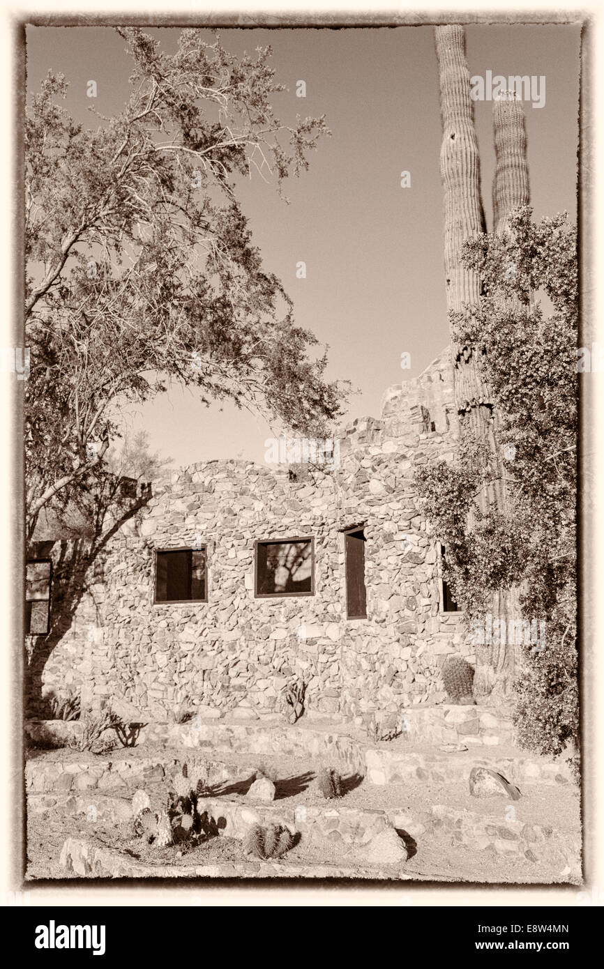 Scorpion Gulch, an abandoned trading post located in South Mountain Park, Phoenix, Arizona; early morning; antique yellowed tone Stock Photo