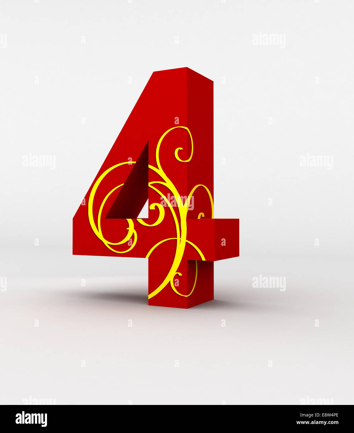 red number 4 decorated by yellow fashion pattern, isolated with white background. Stock Photo
