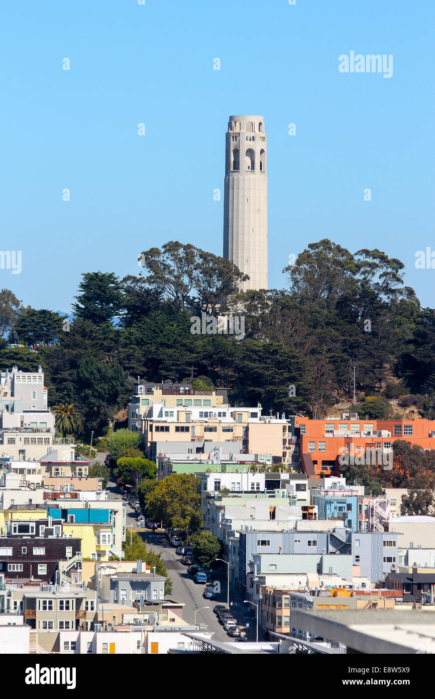 Telephoto view towards Coit Tower, from Lombard Street, Russian Hill, San Francisco Stock Photo
