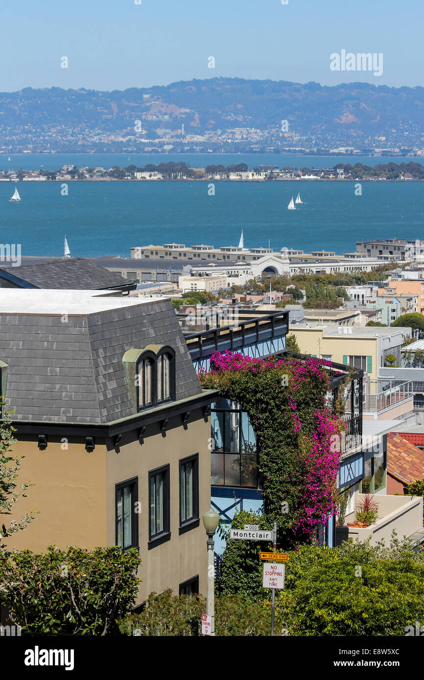 Looking towards San Francisco Bay from Lombard Street, Russian Hill, San Francisco Stock Photo