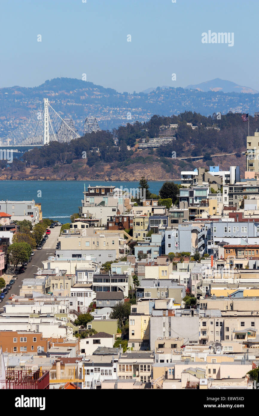 Looking towards San Francisco Bay from Lombard Street, Russian Hill, San Francisco, California, United States, North America Stock Photo