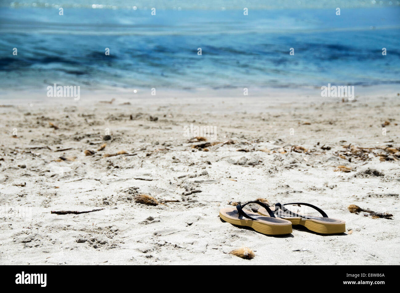 Flip flops on a sandy ocean beach Stock Photo - Alamy