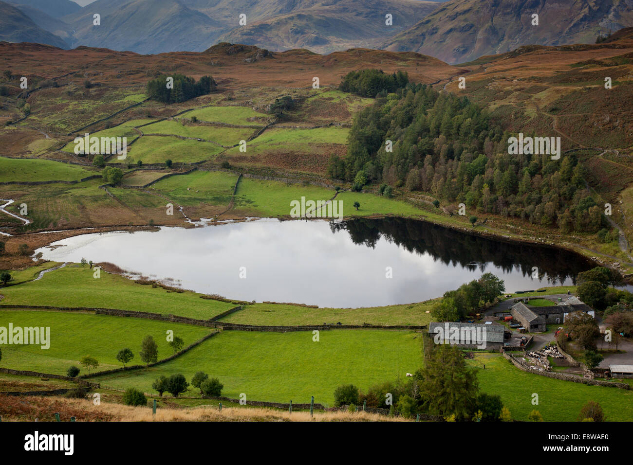 Watendlath farm and tarn with the Central Fells, in the distance, Lake District, Cumbria Stock Photo