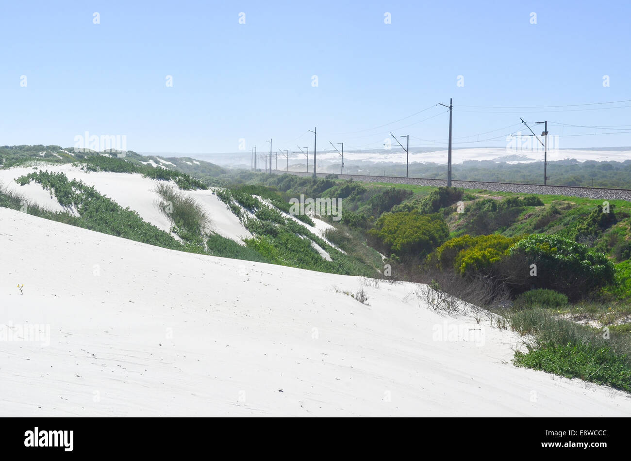 White sands dunes of South Africa (Western Cape, Eland's Bay) and the Sishen-Saldanha iron ore railway in the background Stock Photo