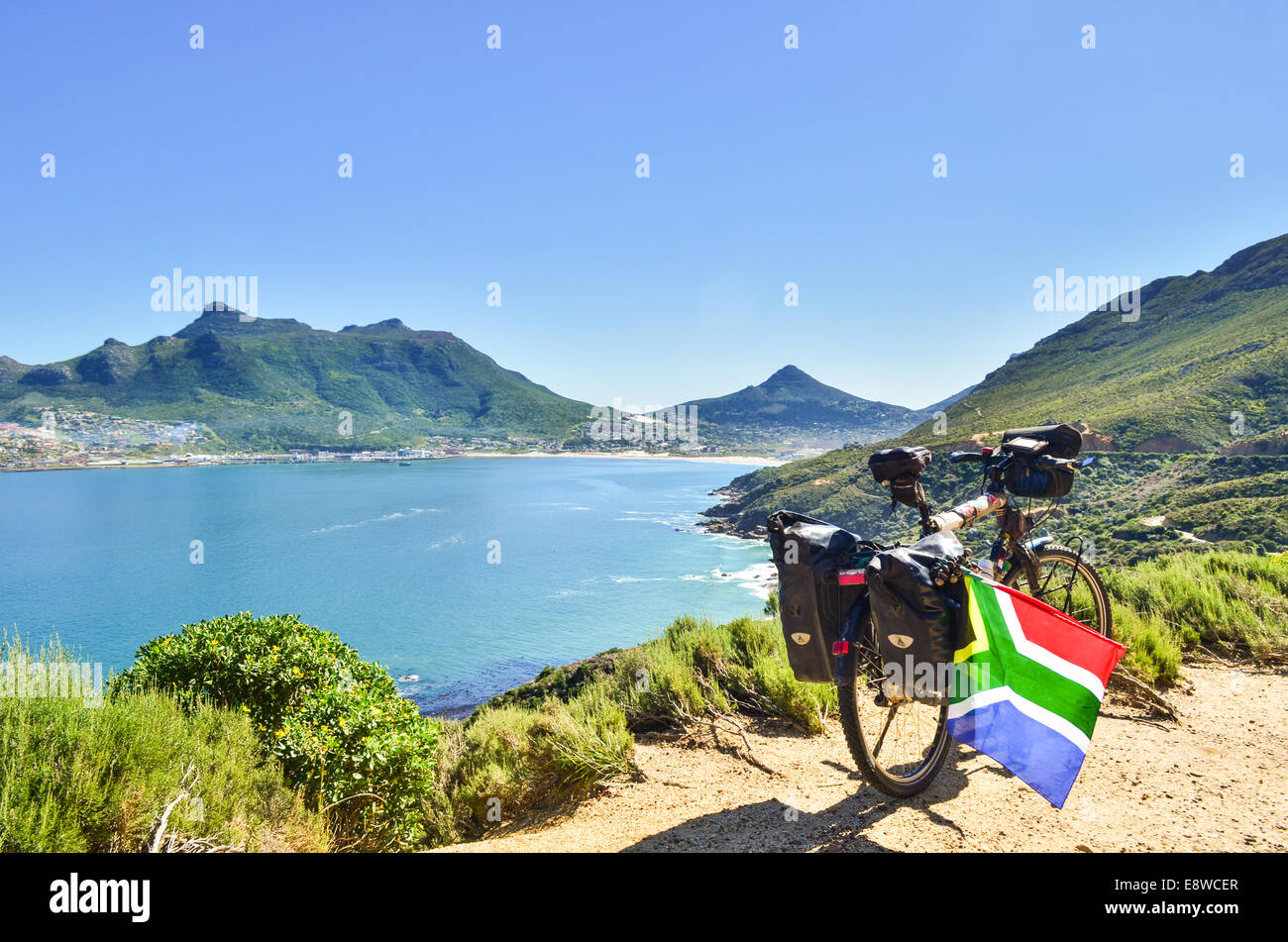 Cycle touring in the dramatic landscape of Hout Bayand Chapman's peak drive, Cape Town peninsula, South Africa Stock Photo