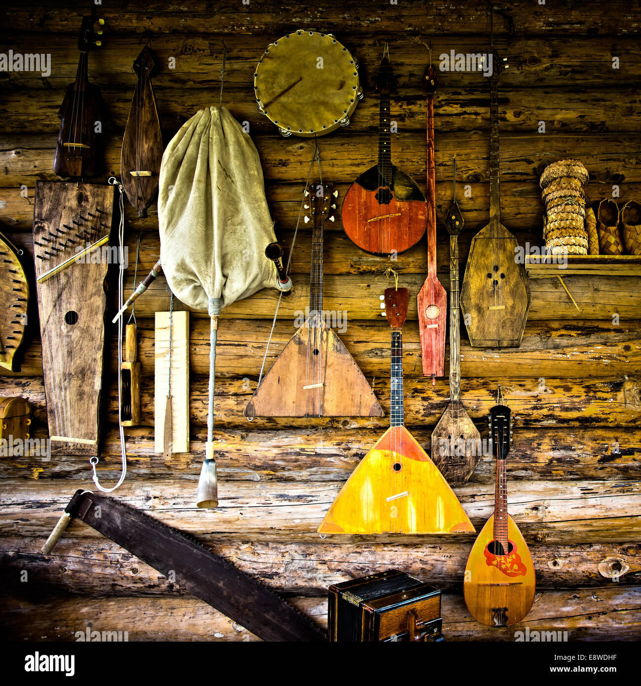 Folk musical instruments. Exotic ancient folk musical instruments on