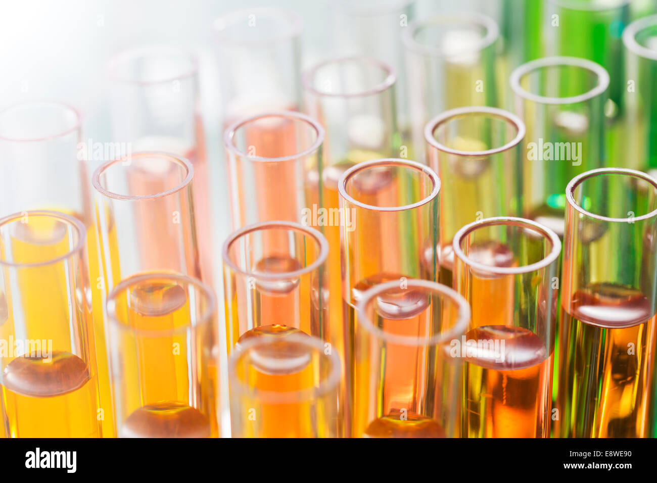 Close up of test tubes filled with solution in lab Stock Photo