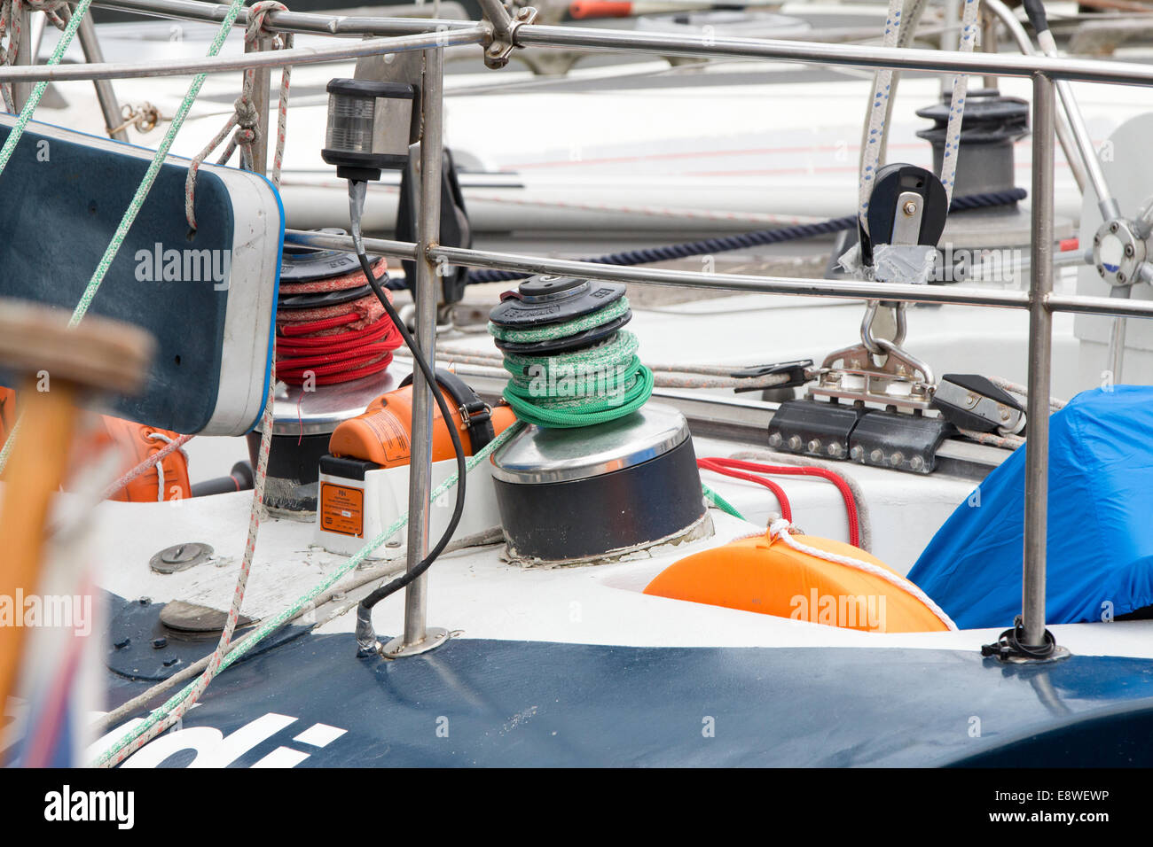ropes and winches on a sailing ship Stock Photo Alamy