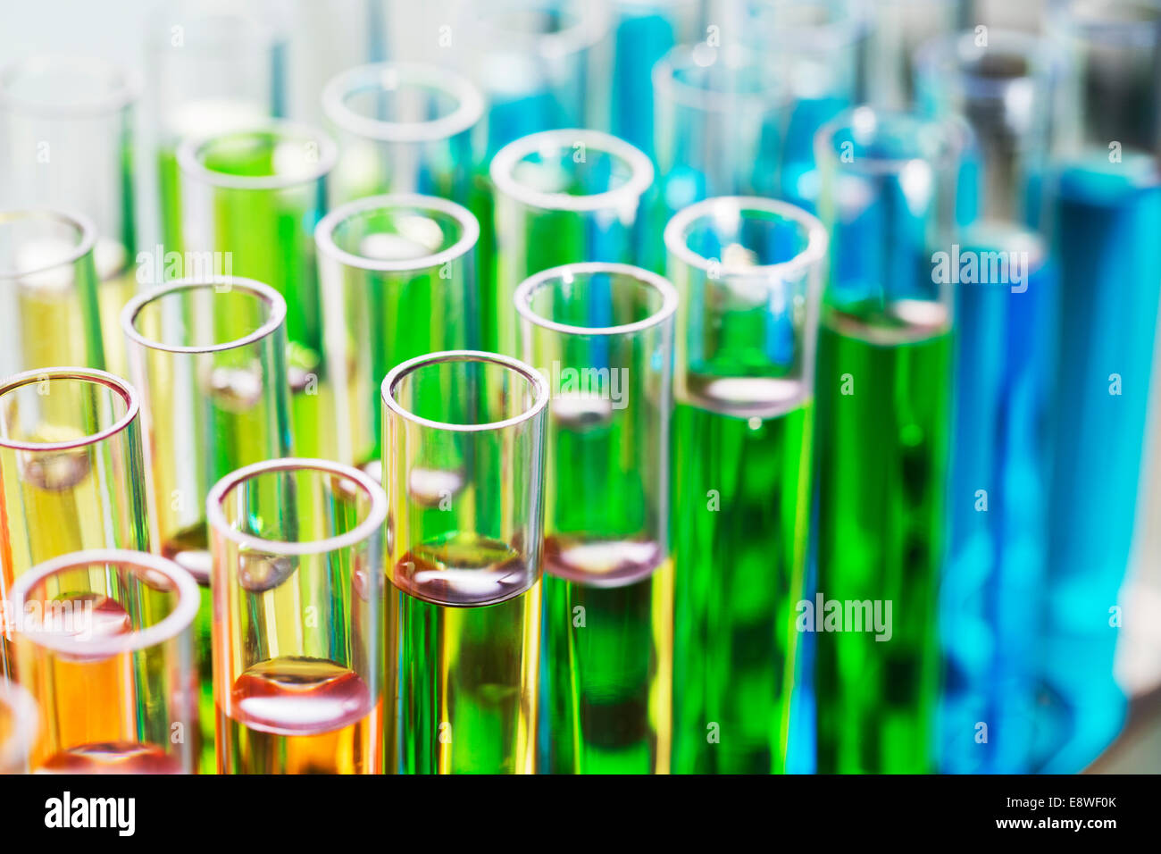 Close up of rack of test tubes with solution Stock Photo