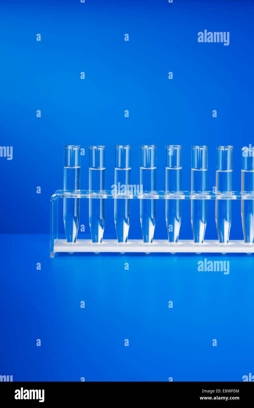 Rack of test tubes with solution on blue counter Stock Photo