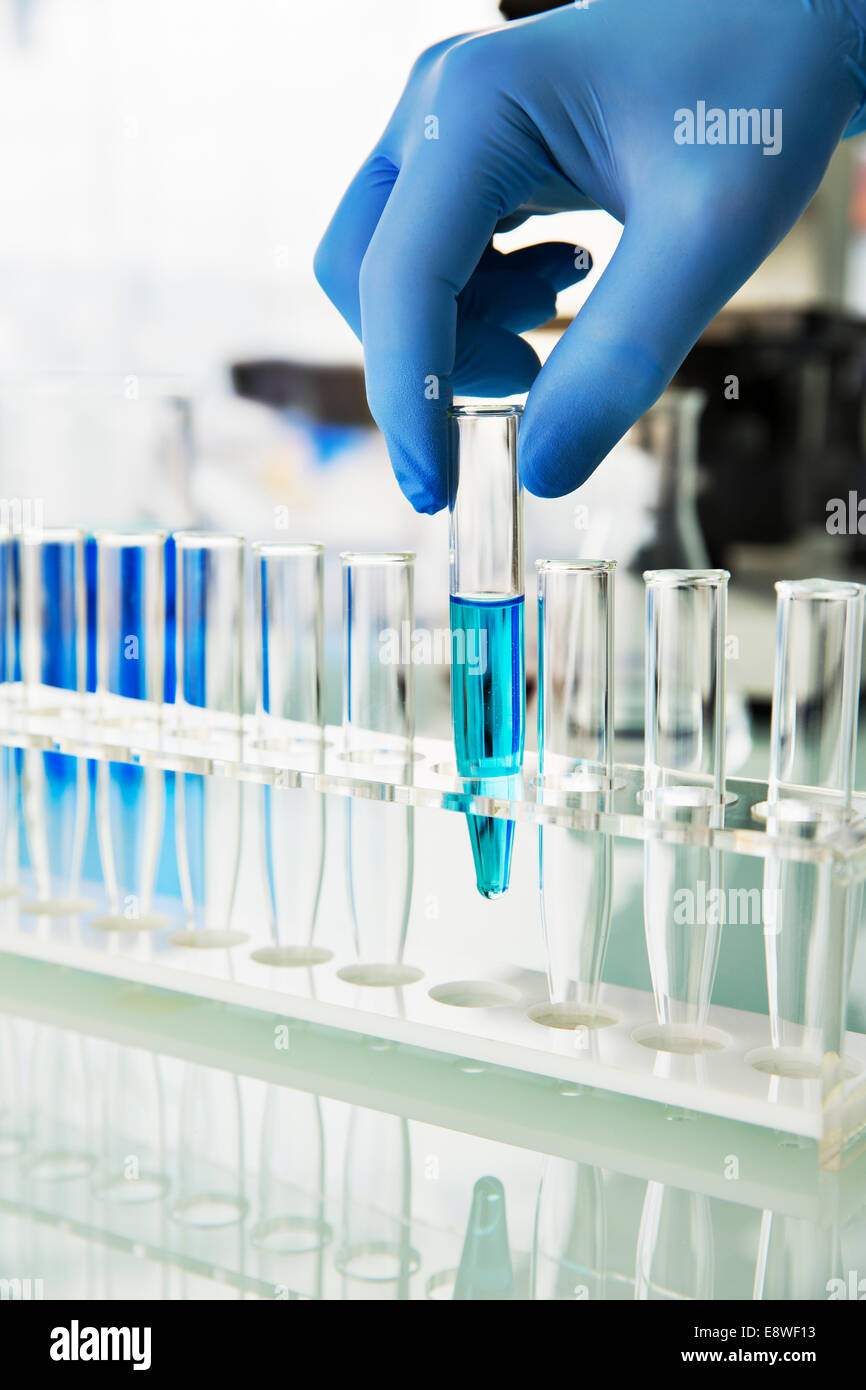 Scientist picking test tube out of rack on counter in lab Stock Photo