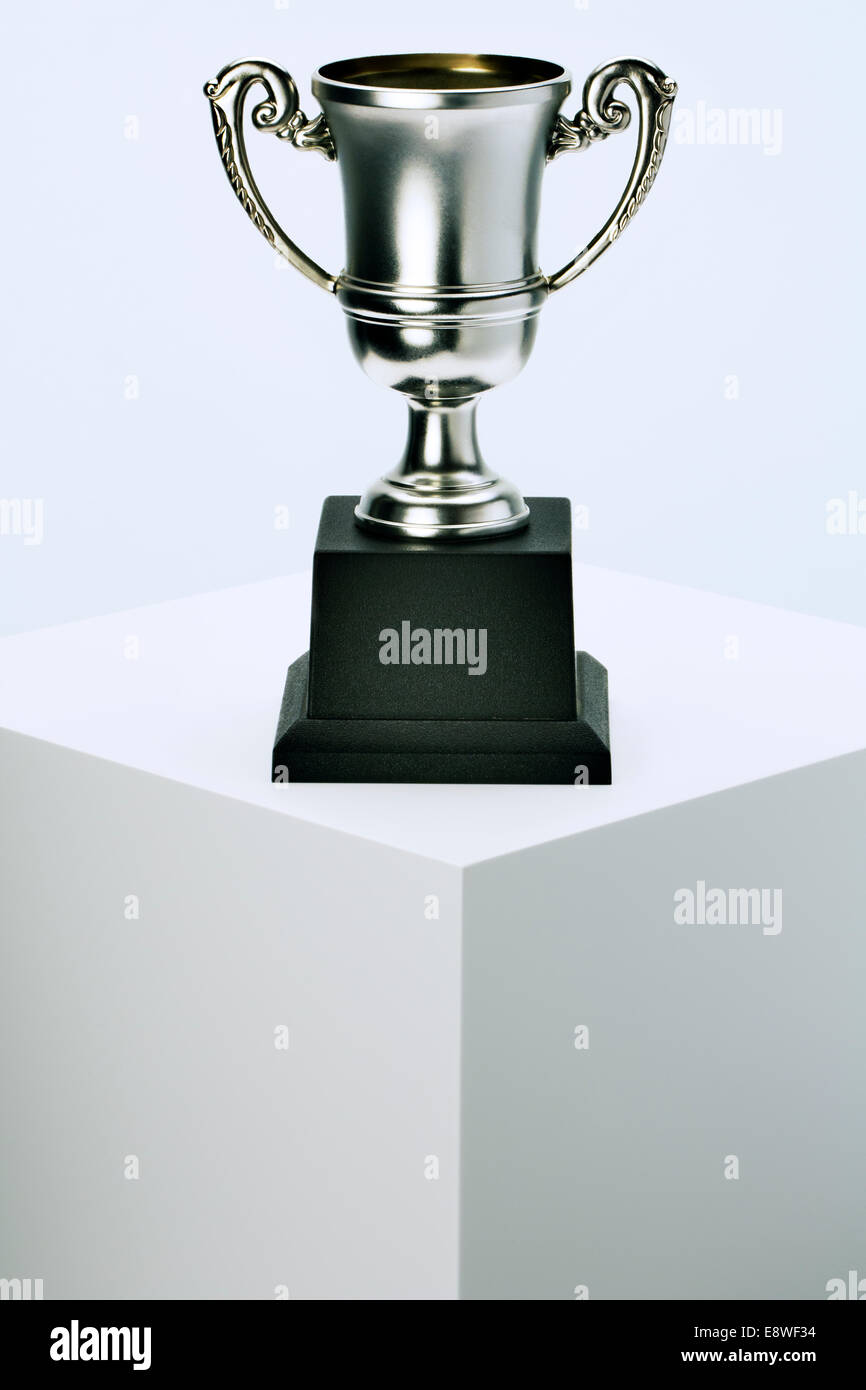 Trophy sitting on pedestal Stock Photo