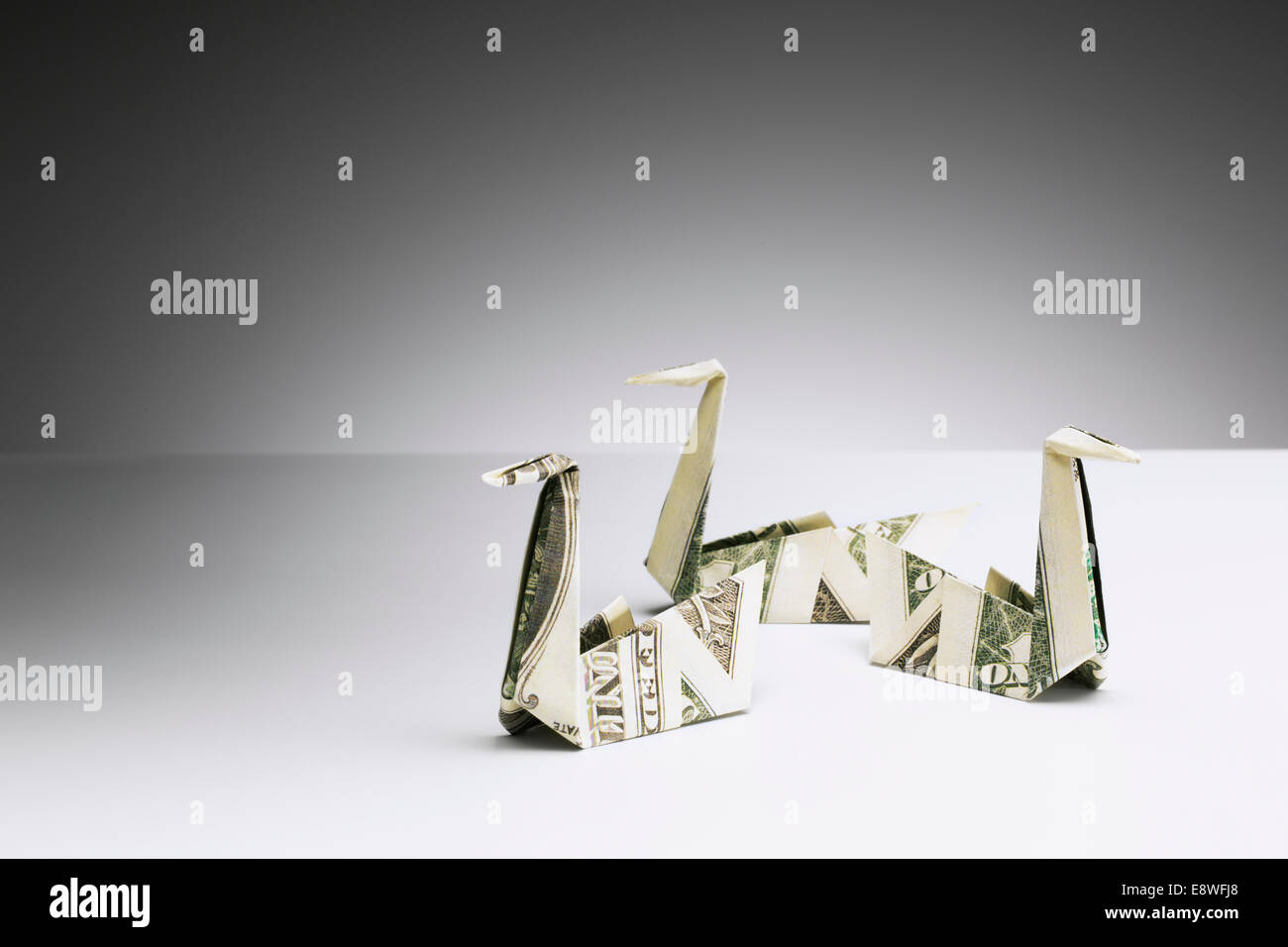 Origami swans made of dollar bills on counter Stock Photo