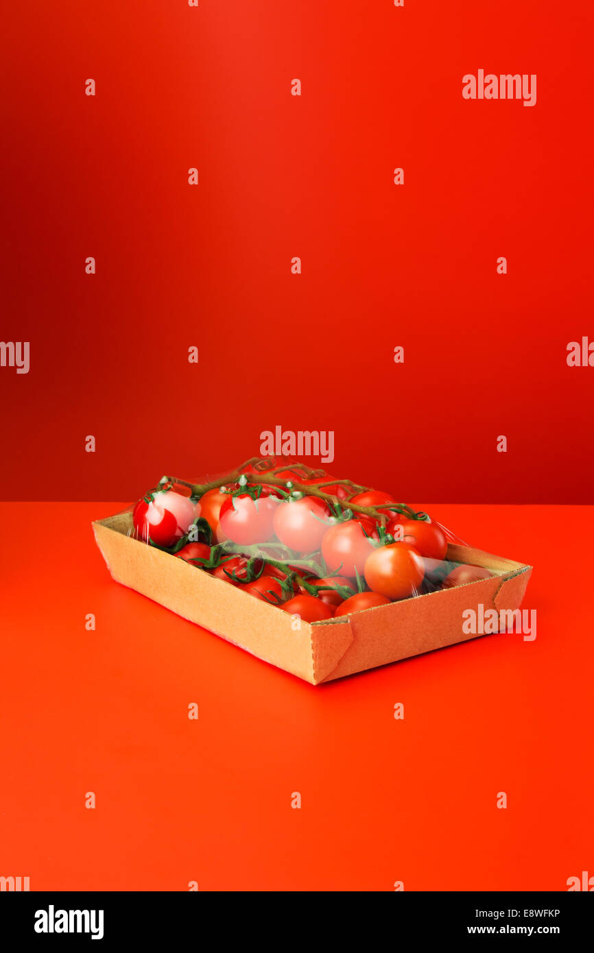 Close up of tomatoes shrink wrapped in plastic Stock Photo