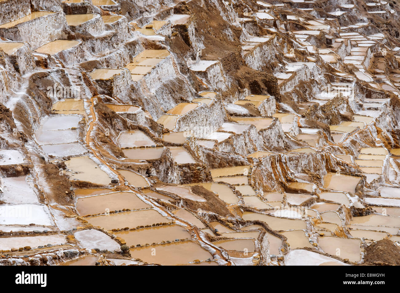 Maras's saltworks in the Sacred Valley near Cuzco. Maras is a town in the Sacred Valley of the Incas, 40 kilometers north of Cuz Stock Photo