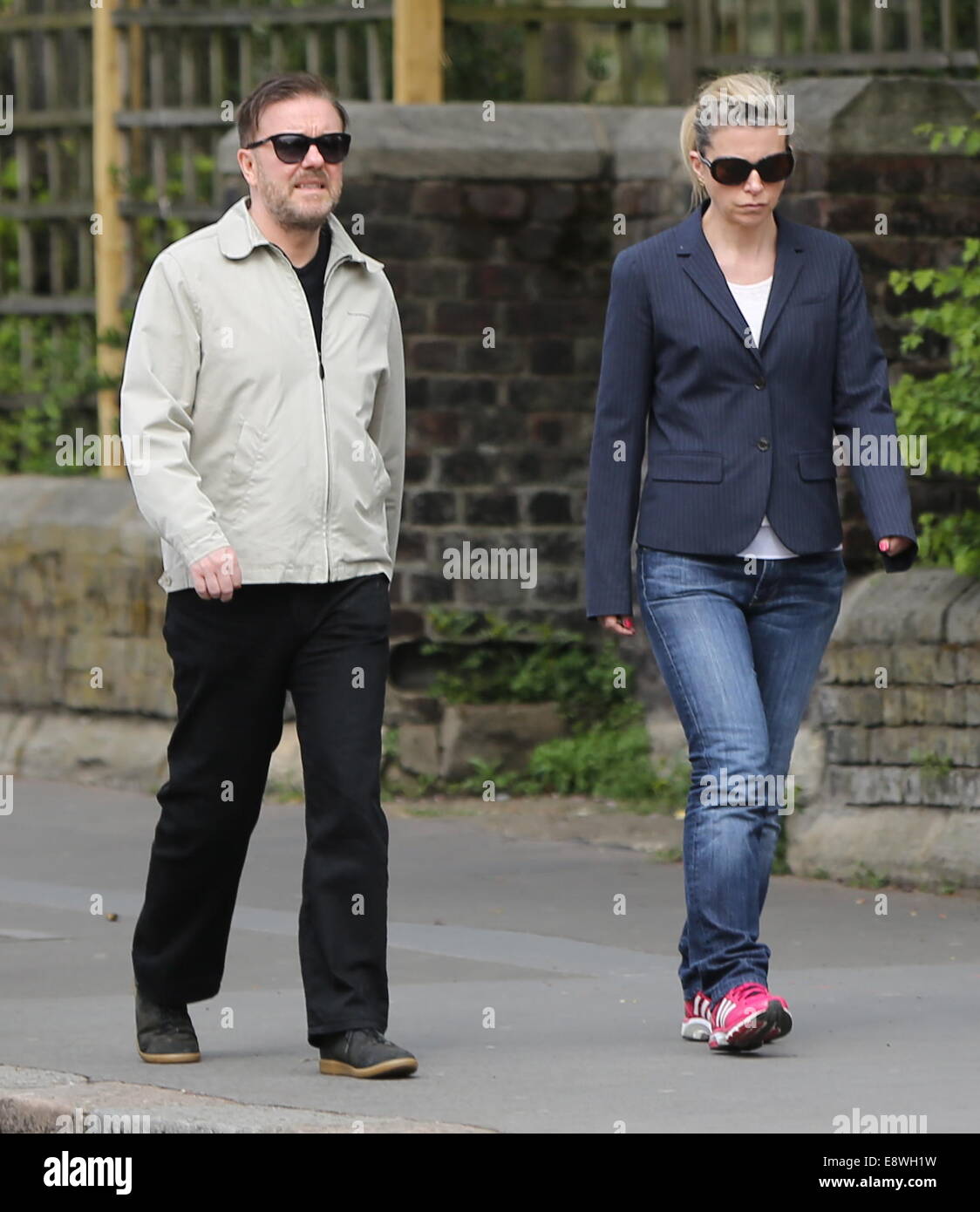Ricky Gervais and long term partner Jane Fallon seen walking in North
