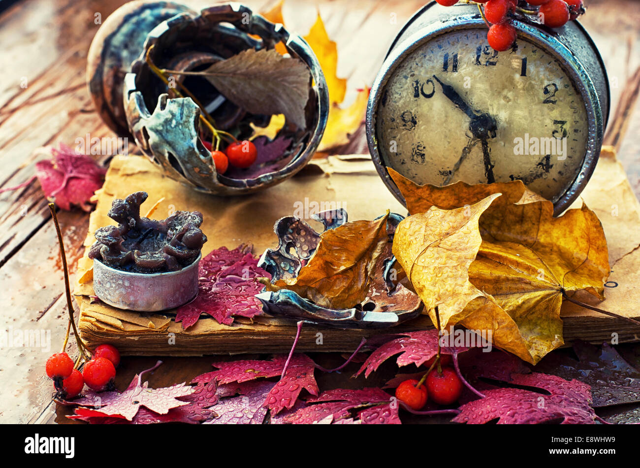 rainy autumn weather,old clock,fallen leaves Stock Photo - Alamy