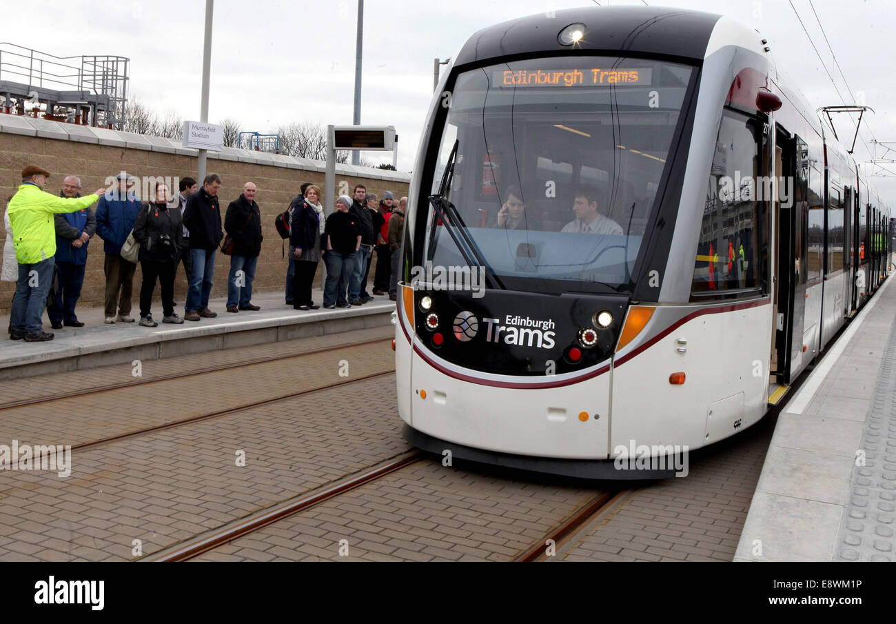 Members of the public take part in Exercise Salvador. The first full passenger test of the Edinburgh Trams. Stock Photo