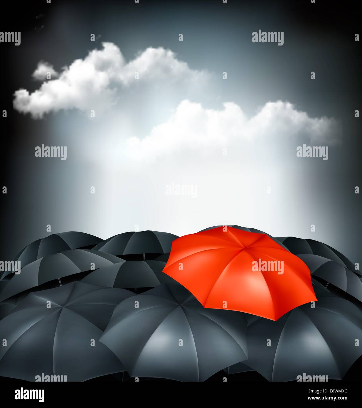 One red umbrella in a group of grey umbrellas. Uniqueness concept Stock