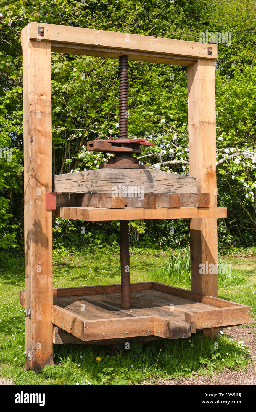 A traditional old wooden cider press at Trelissick garden, Cornwall, UK Stock Photo